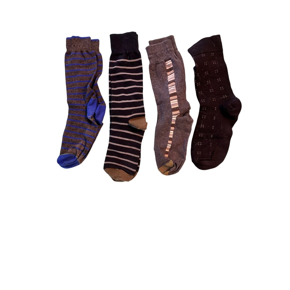 Mens Crew Dress Socks Bundle 4 Pairs‎ Striped Geometric Pattern Brown Black Blue